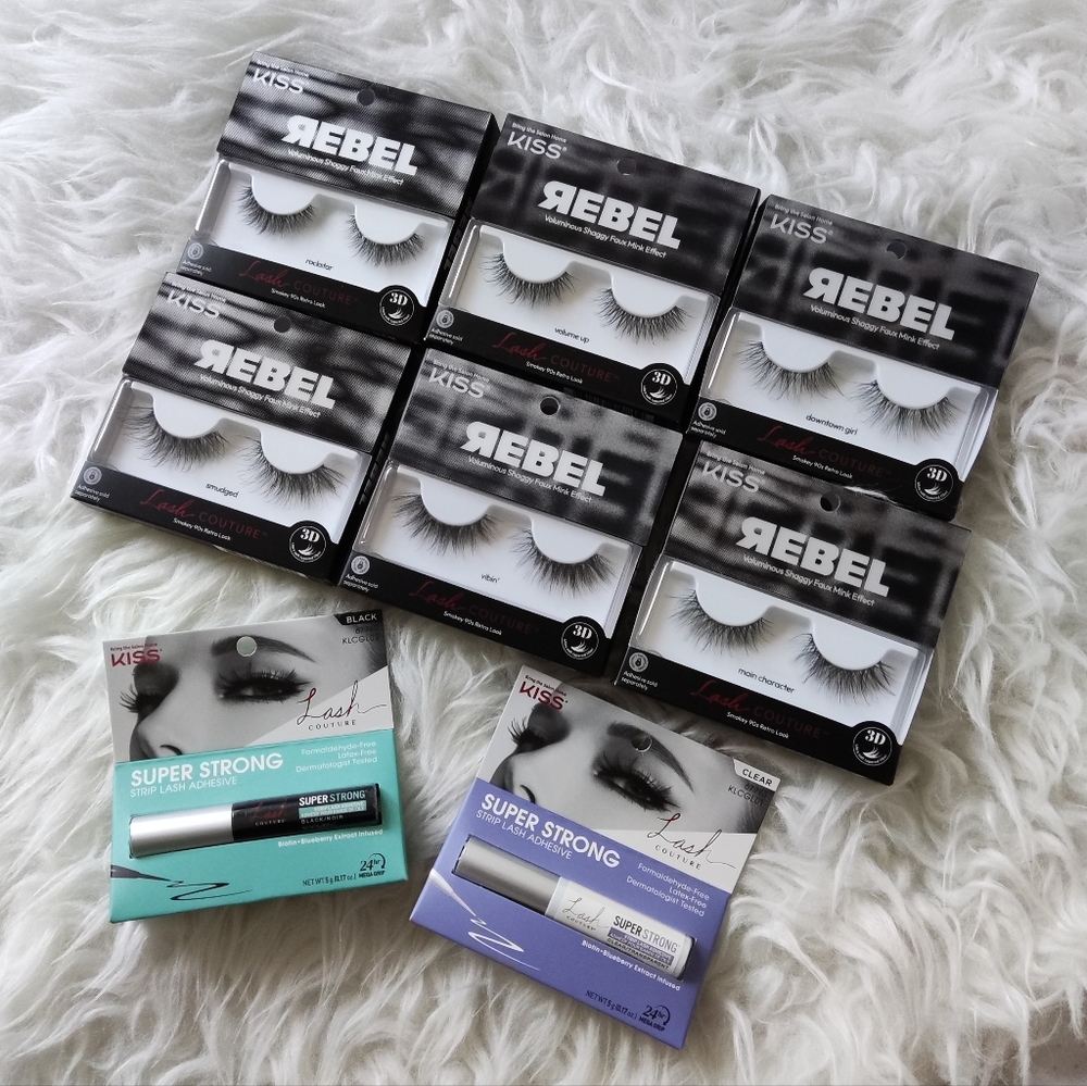 Kiss lash couture rebel false eyelashes bundle of 6 with 2 strip lash adhesive
